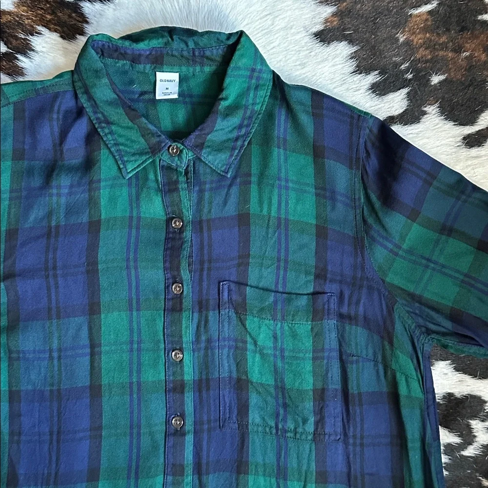 Old Navy Green and Blue Plaid 3/4 Sleeve Shirt Dress Size Medium - Picture 3 of 8